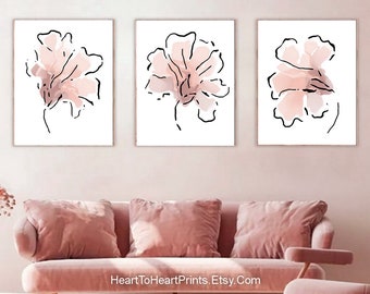 Pink Flower Line Art Set of 3 Prints Abstract Floral Pink Art Set Of Three Abstract Botanical Instant DOWNLOAD Wall Art Minimalist Flowers