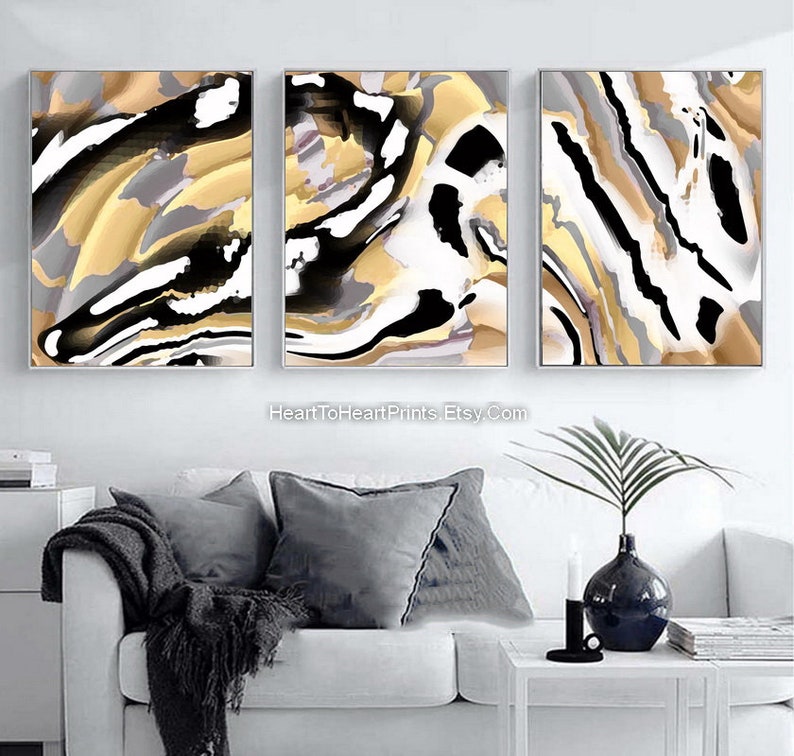 Orange Gray Wall Decor 3 Poster Set Canvas Abstract Painting Etsy