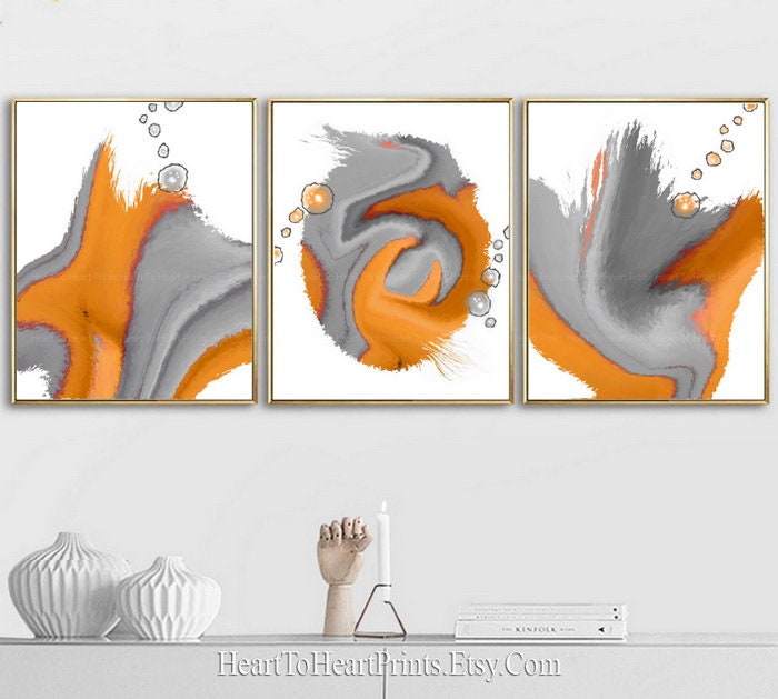 Orange Gray Abstract Painting Set of 3 Printable Wall Art Contemporary ...