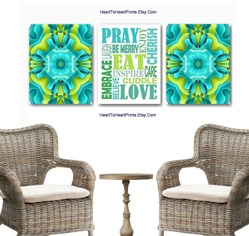 Green Kitchen Wall Art Set of 3 Prints Lime Green Teal Dining Etsy