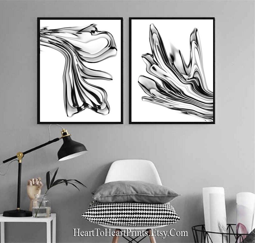 Black White Abstract Wall Art Set of 2 Prints Line Drawing | Etsy