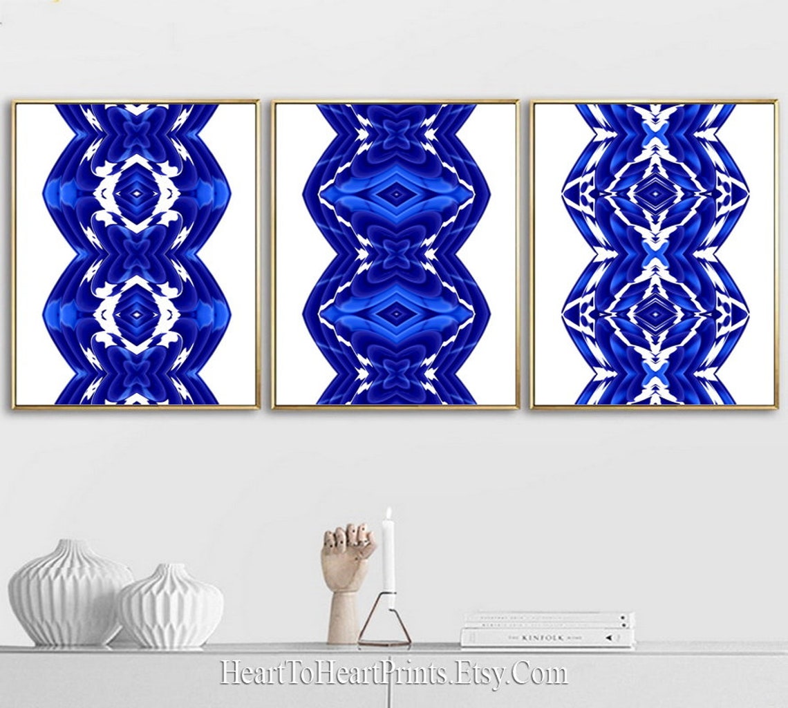 Set of 3 Navy Blue White Wall Art Digital Painting Instant Etsy