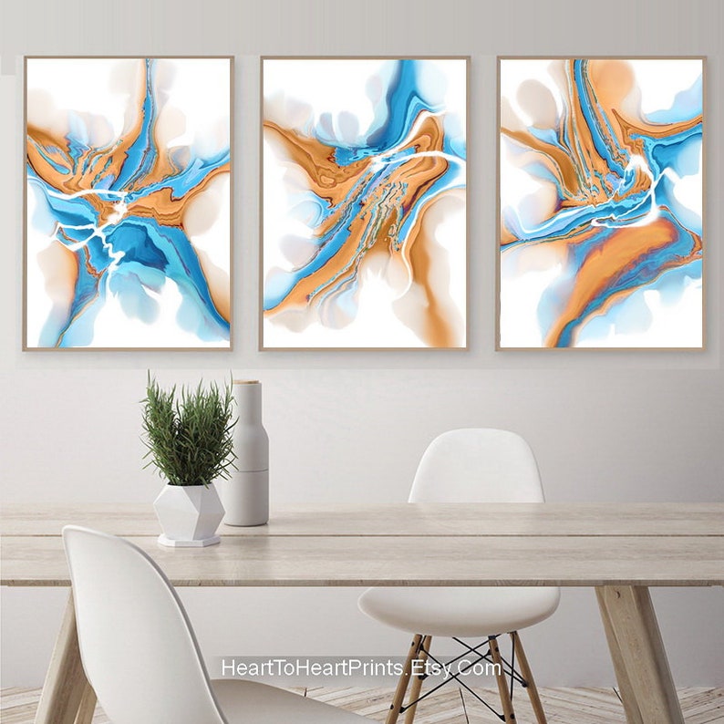 Orange Blue Wall Art Abstract Painting Set of 3 Prints Etsy