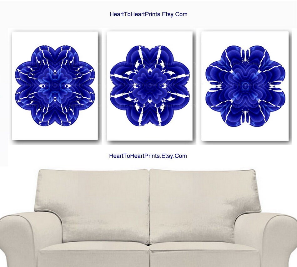Cobalt Blue Wall Art Set of 3 Prints Cobalt Blue Floral Wall Etsy