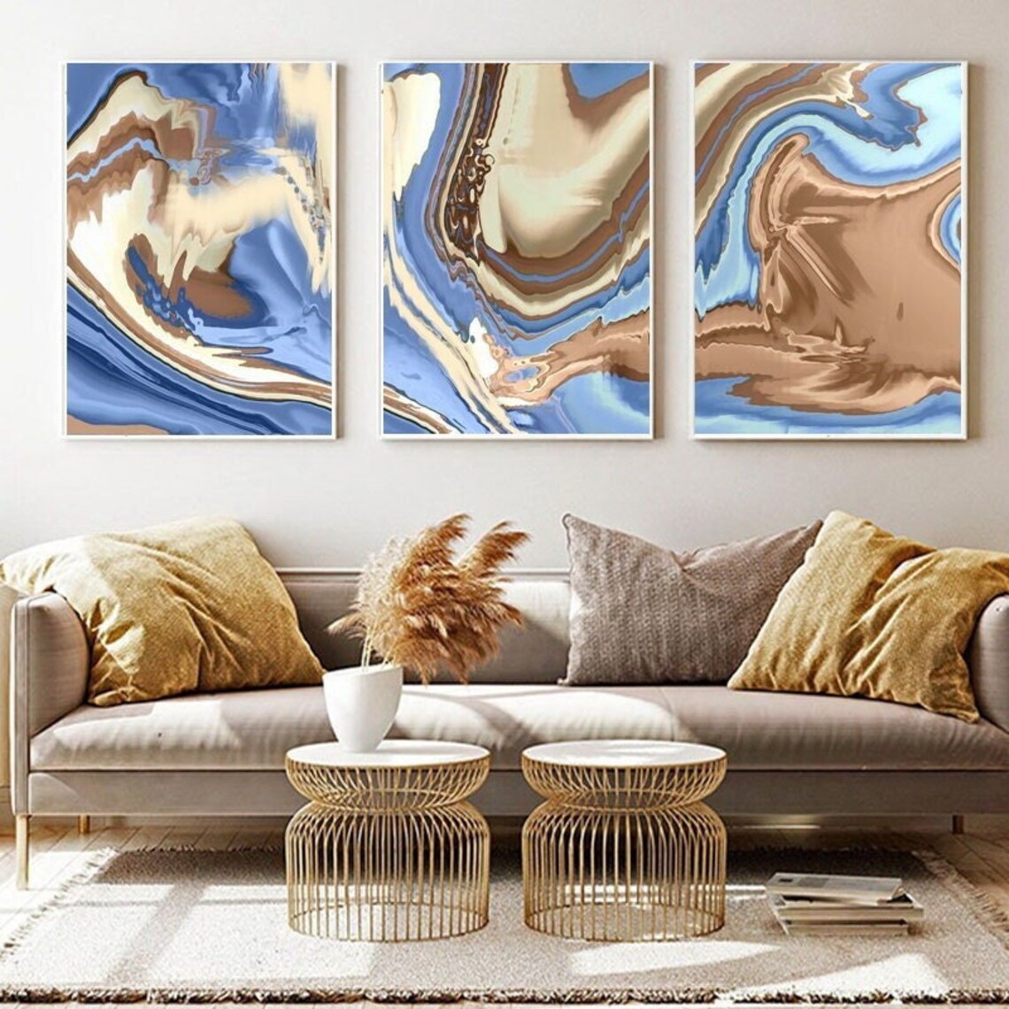 Blue Brown Abstract Gallery Wall Art Set of 3 Posters | Etsy