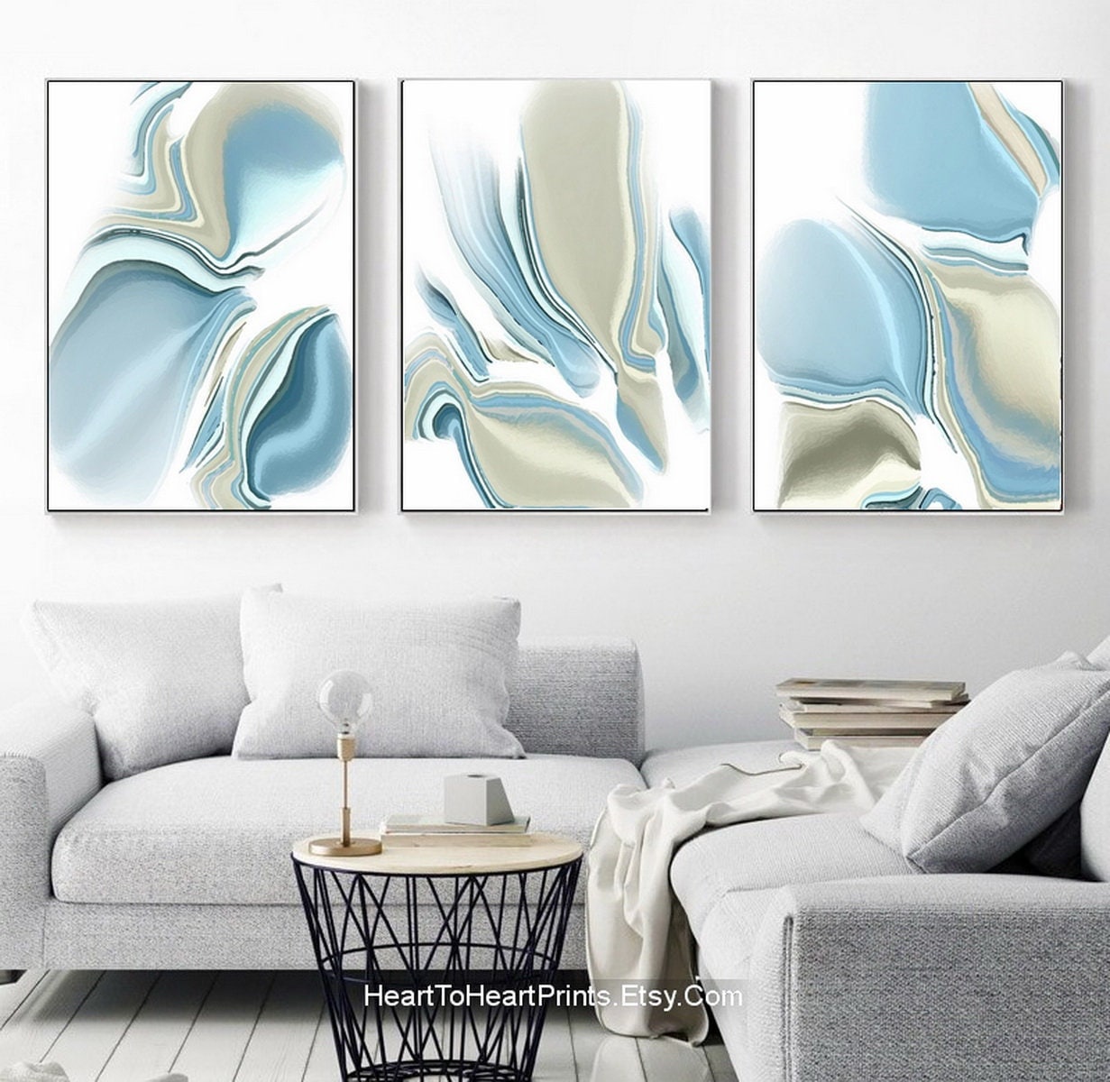 Blue Abstract Painting PRINTABLE Wall Art Set of 3 Sky Blue Beige