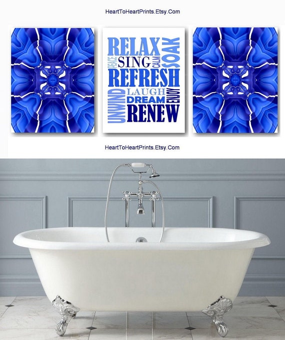 Blue Bathroom Wall Decor Set Of 3 Prints Royal Blue Bathroom Etsy