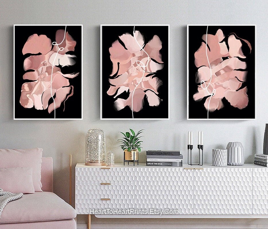 Pink Black Abstract Set of 3 Posters Brush Stroke Prints Set Etsy