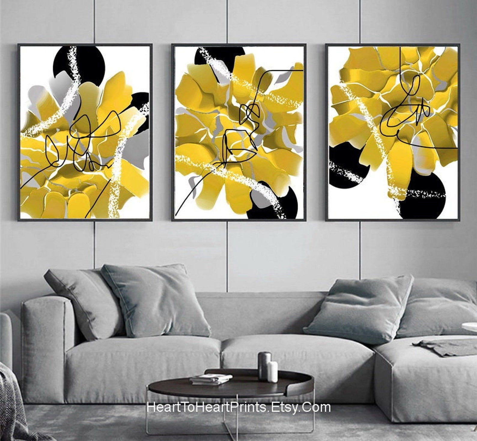 Yellow Gray Black Abstract Gallery Wall Art Set of 3 PRINTABLE Abstract ...
