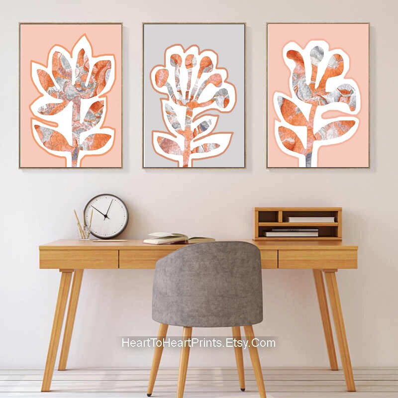 Pink Gray Flower Printable Wall Art Set of 3 Prints Peach Pink | Etsy