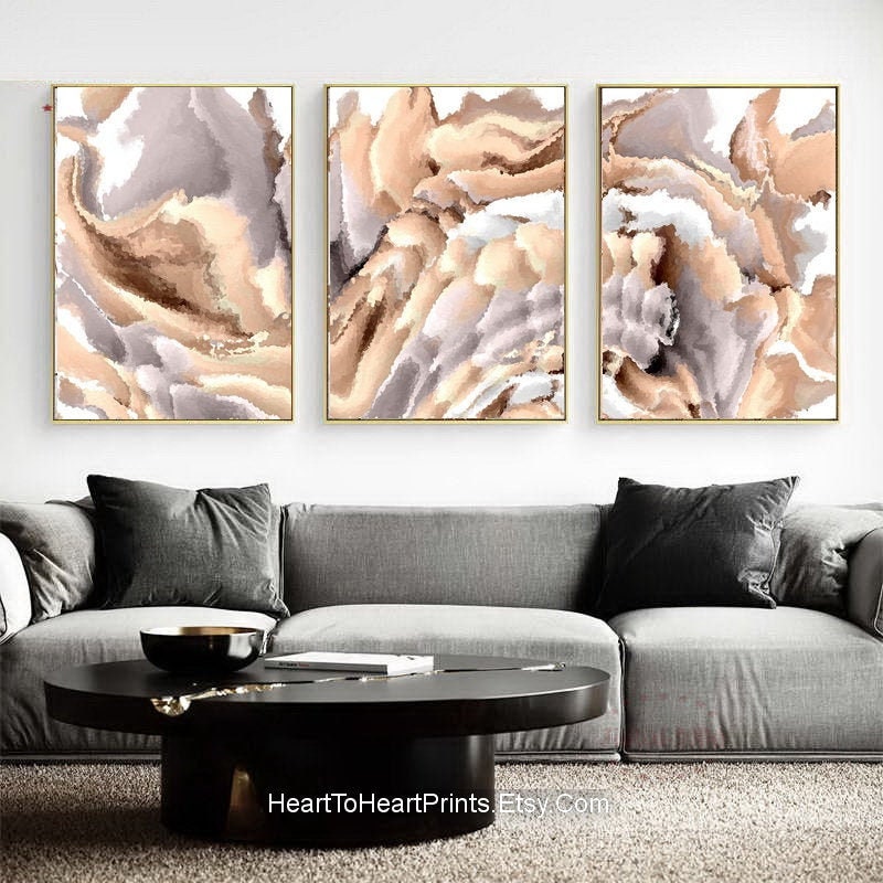 Peach Gray Abstract Wall Art Set of 3 Prints Blush Abstract Etsy