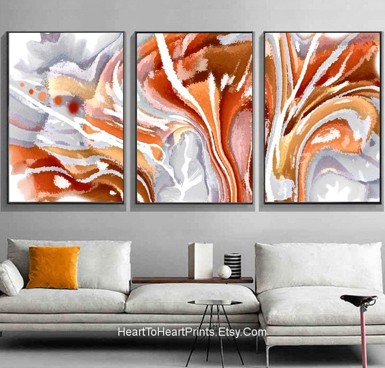 Orange Gray Abstract Painting Set of 3 Printable Wall Art Etsy