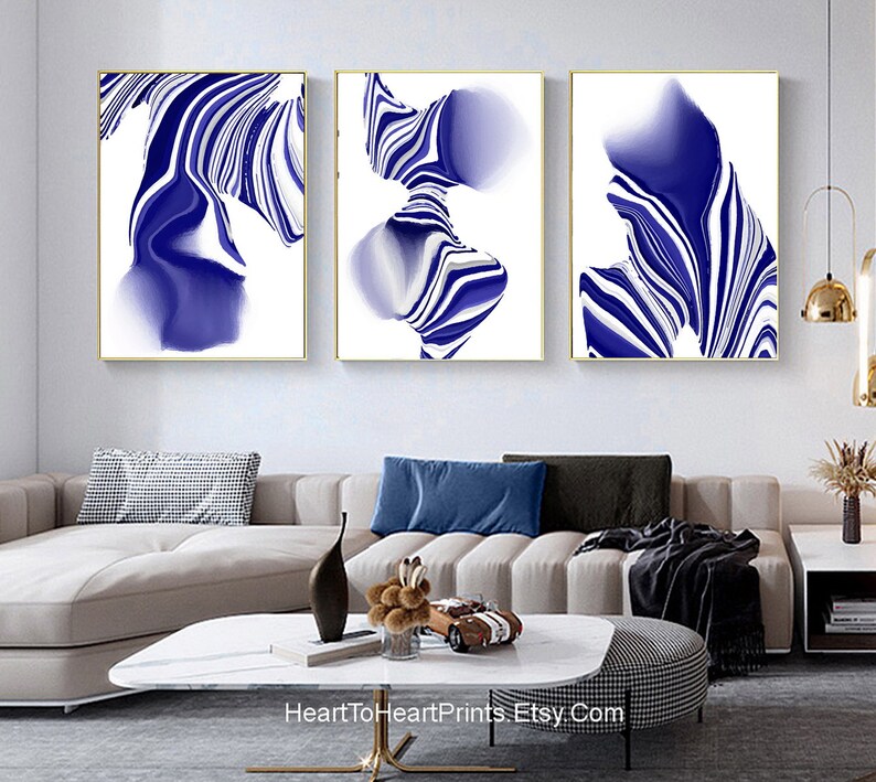 Navy Blue Abstract Painting PRINTABLE Wall Art Set of 3 Etsy
