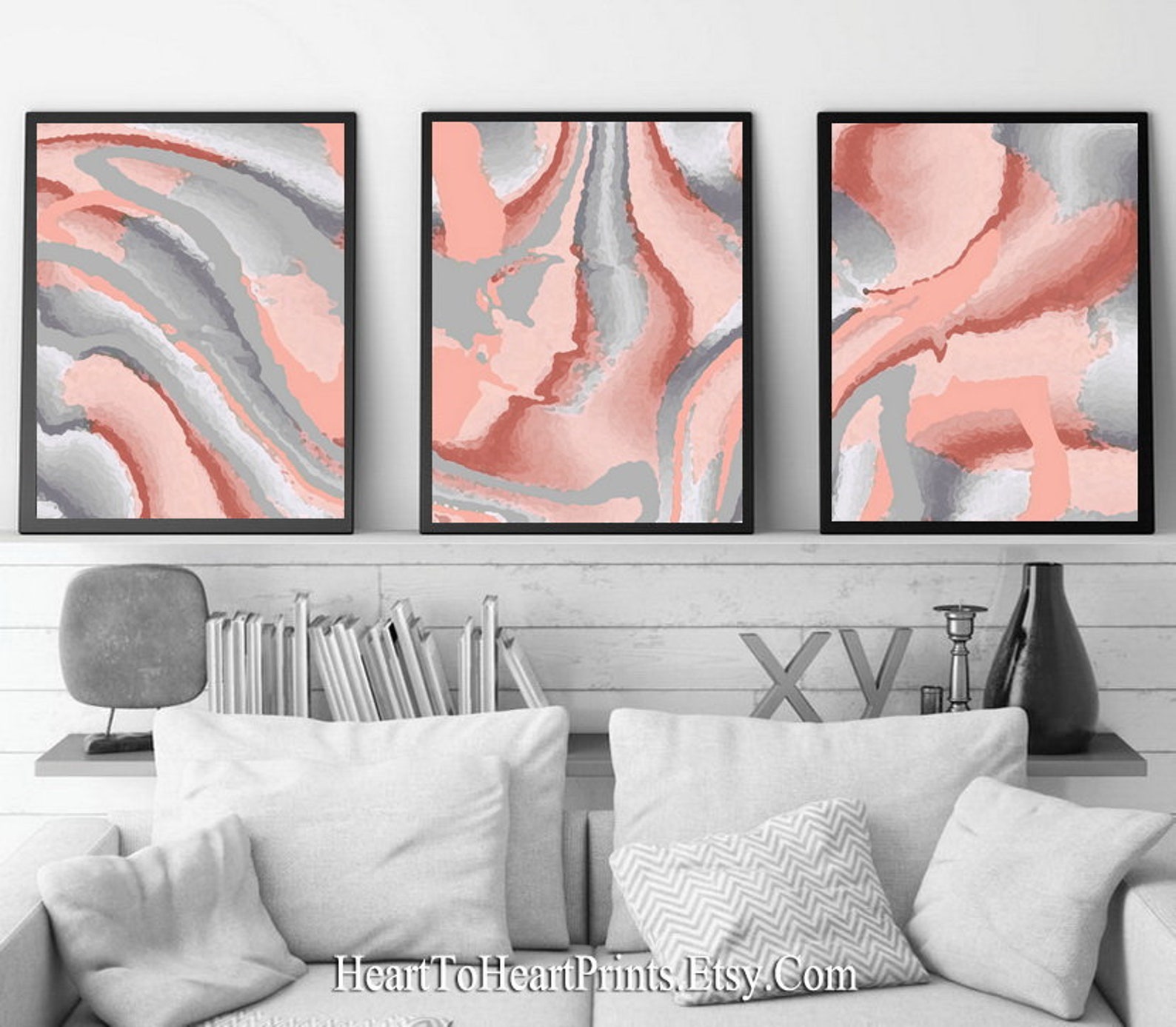 Pink Gray Abstract Wall Art Set of 3 Prints Abstract Painting | Etsy