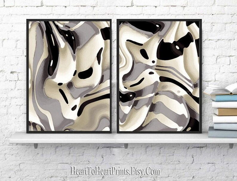 Abstract Painting Printable Art Black White Beige Abstract Artwork Modern Set of 2 Prints