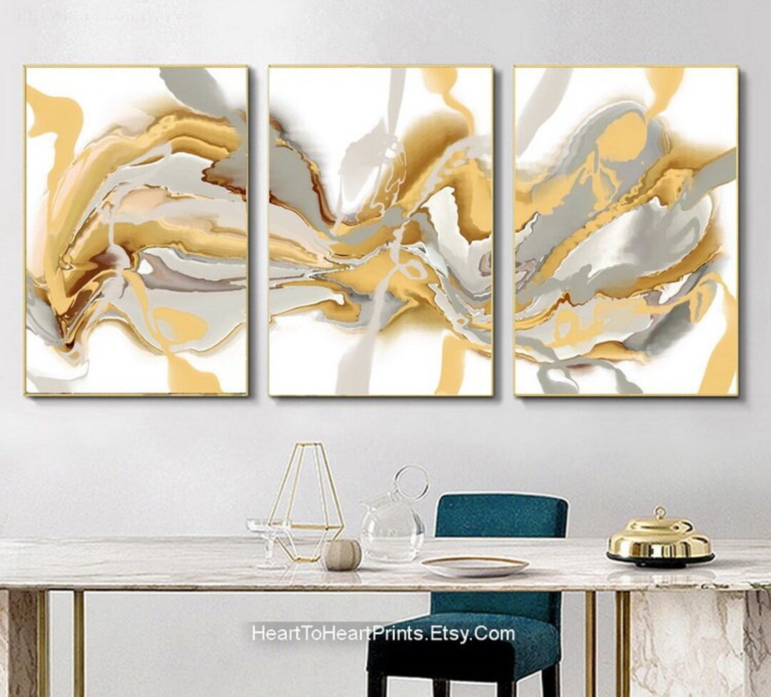 Modern Wall Art Set of 3 Painting Canvas Art Mustard Gray 3 Canvas Set ...