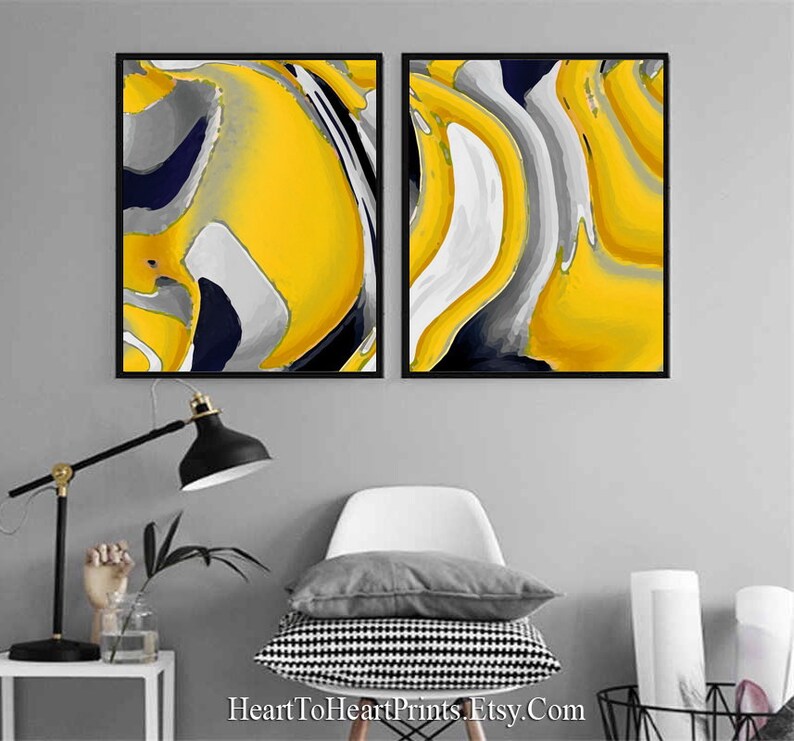 Abstract Painting Set of 2 Prints Mustard Yellow Gray Wall Art Abstract ...
