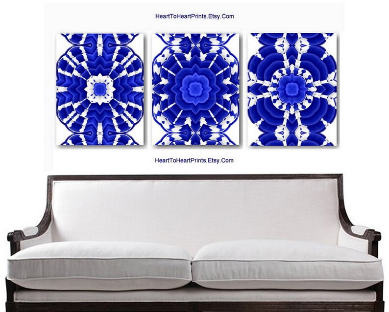 Rustic Blue Wall Art Set of 3 Prints Cobalt Blue Living Room Etsy