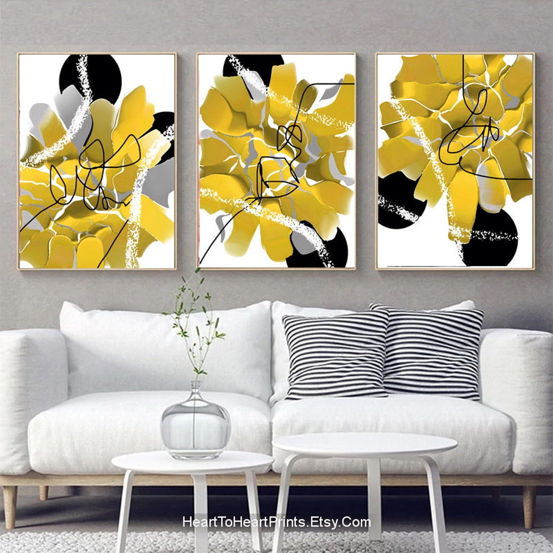 Yellow Gray Black Abstract Gallery Wall Art Set of 3 PRINTABLE - Etsy