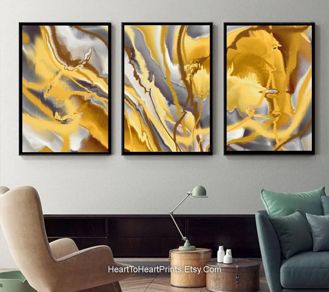 Mustard Yellow Gray Abstract Painting Set of 3 Posters DIGITAL Abstract ...