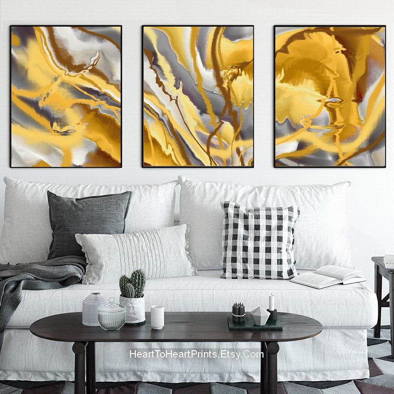 Mustard Yellow Gray Abstract Painting Set of 3 Posters DIGITAL Abstract ...