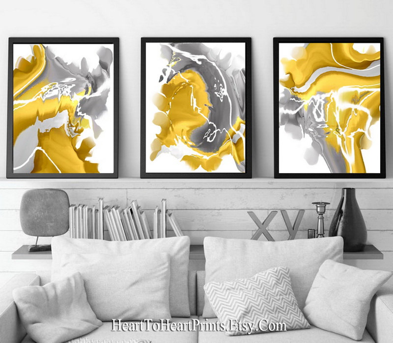 Yellow Gray Black Abstract Gallery Wall Art Set of 3 PRINTABLE Abstract ...