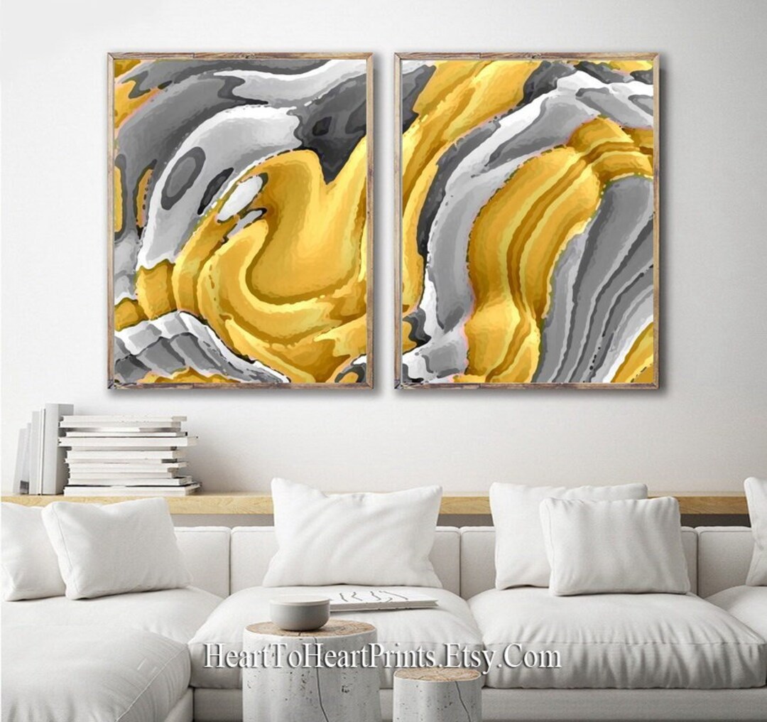 Yellow Gray Abstract Painting Set of 2 Prints PRINTABLE Wall Art Contemporary Art Modern Artwork