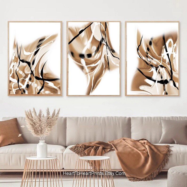 Neutral Boho Wall Art Set of 3 Posters Terracotta Black Abstract