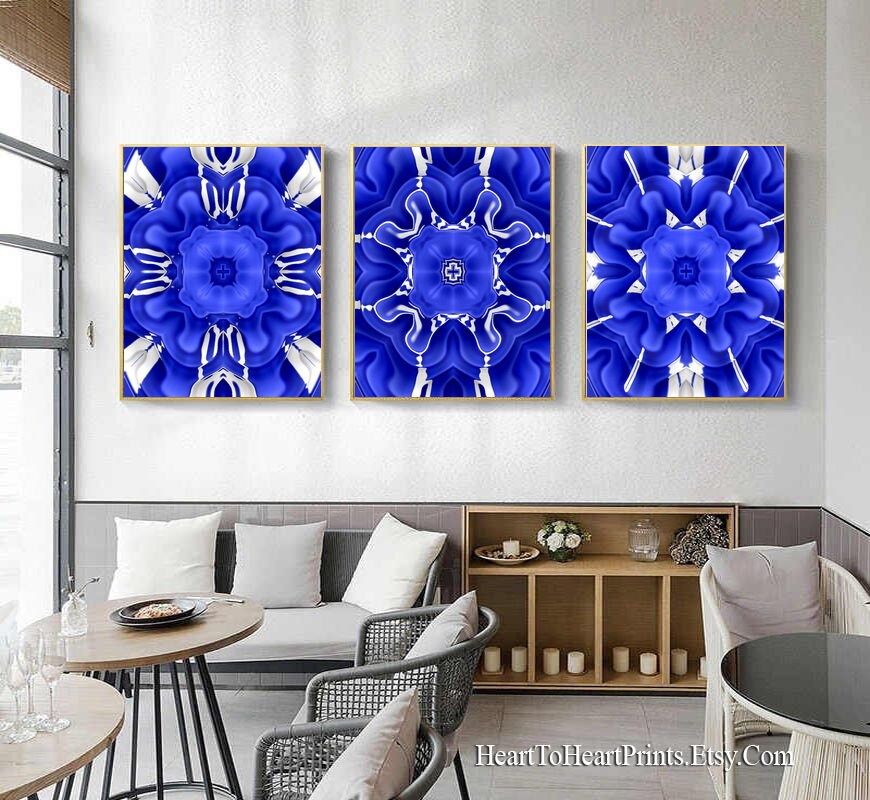 Royal Blue Wall Art Abstract Printable Art Set of 3 Prints Blue Mandala