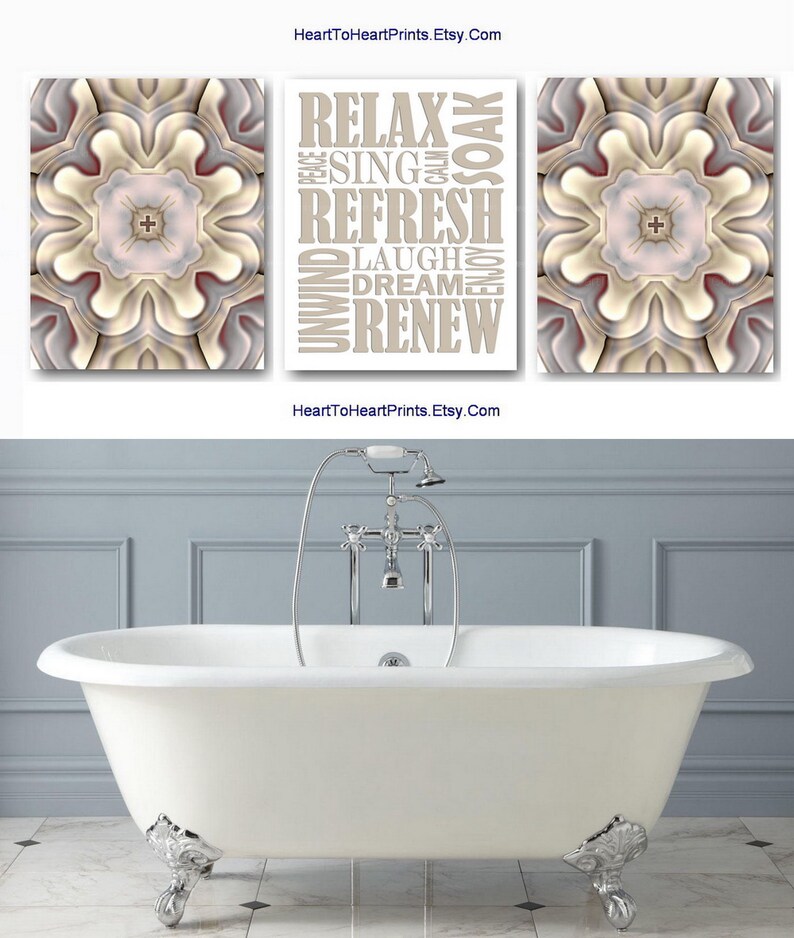 Gray Bathroom Wall Art Prints Set of 3 Taupe Beige