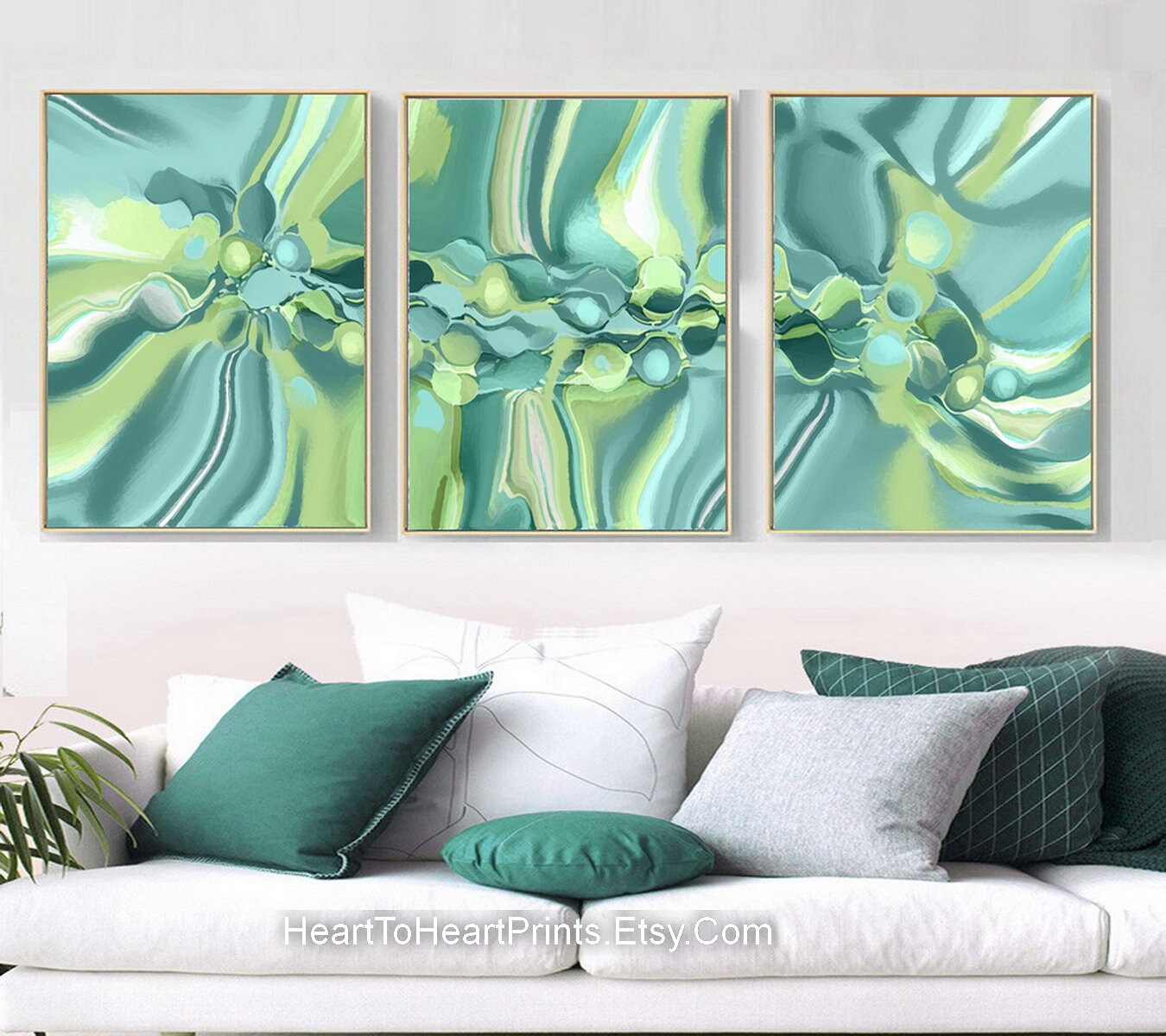 Green Abstract Wall Art Set of 3 PRINTABLE Art Lime Teal Emerald