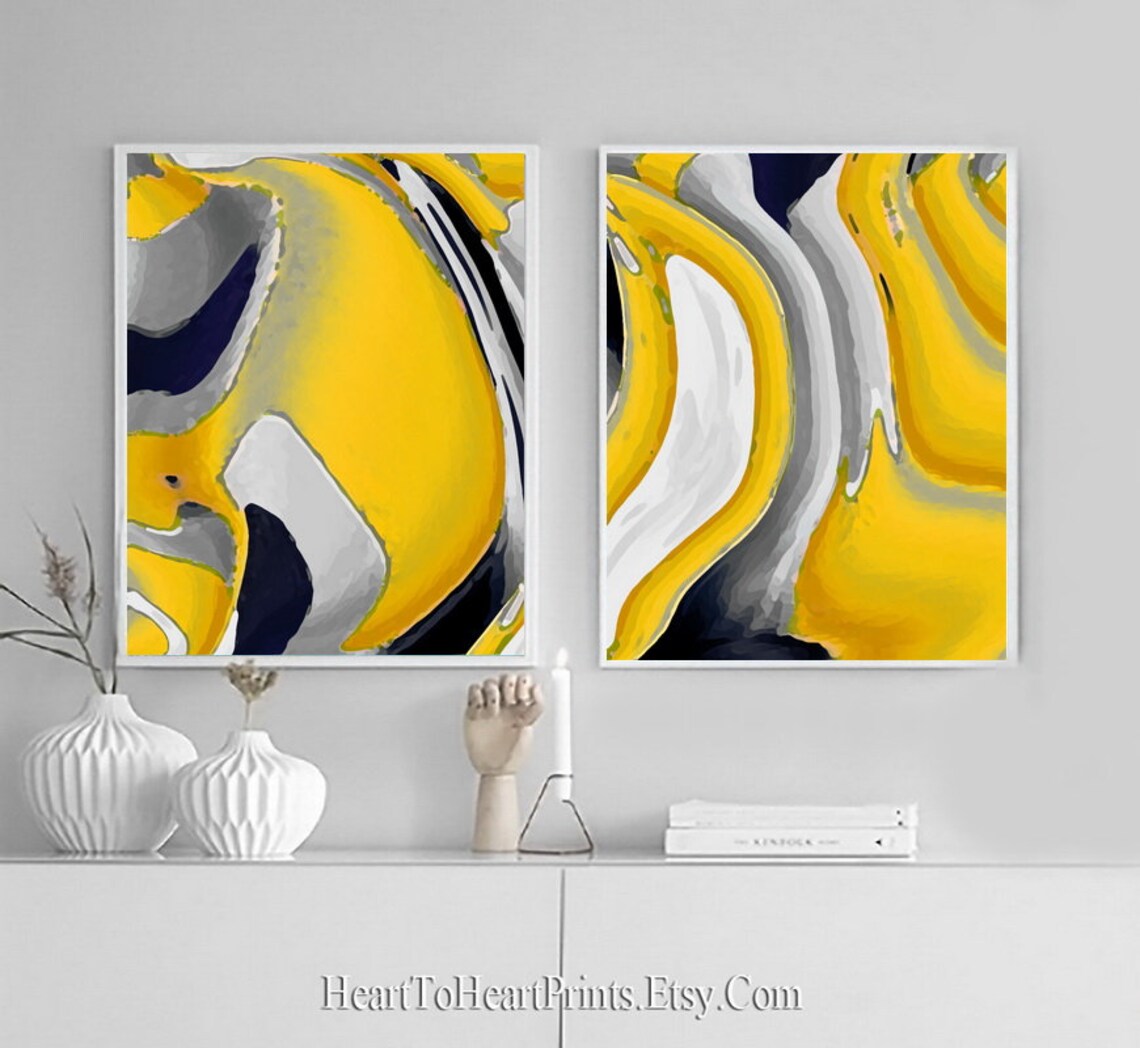 Minimalist Gray Yellow Wall Art Set of 2 Prints Abstract Etsy