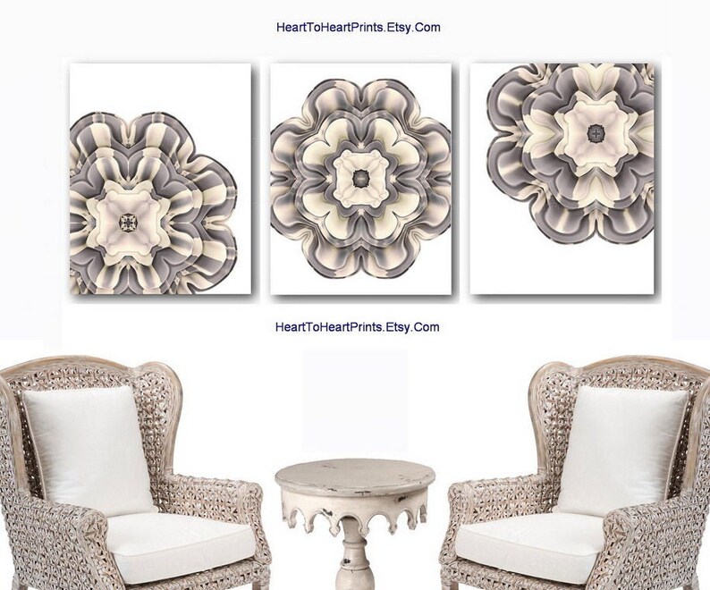 Gray Beige Floral Wall Art Set of 3 Prints Neutral Flowers Art Etsy