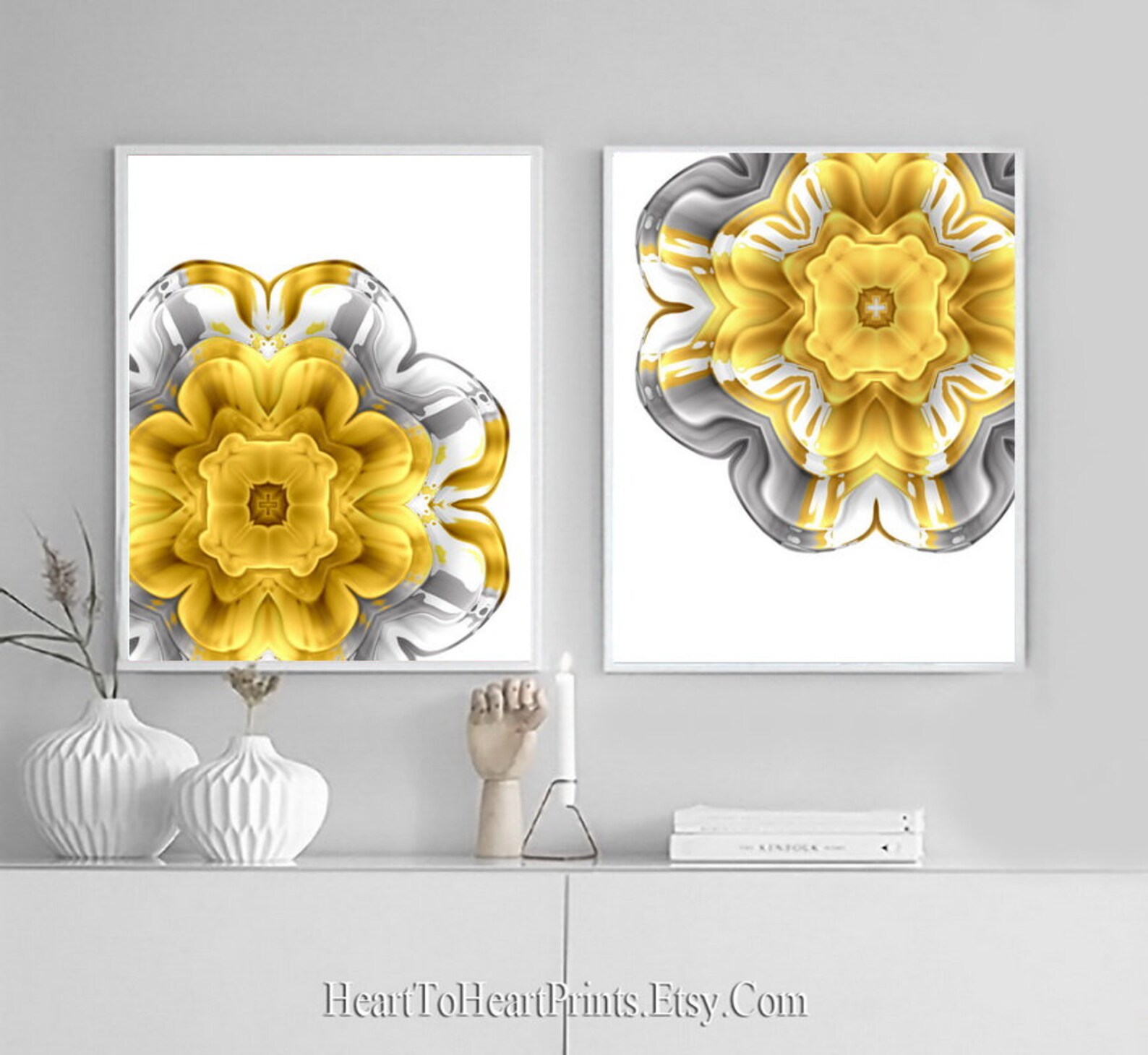 Mustard Yellow Gray Wall Art Set of 2 Prints Flowers Printable Wall Art