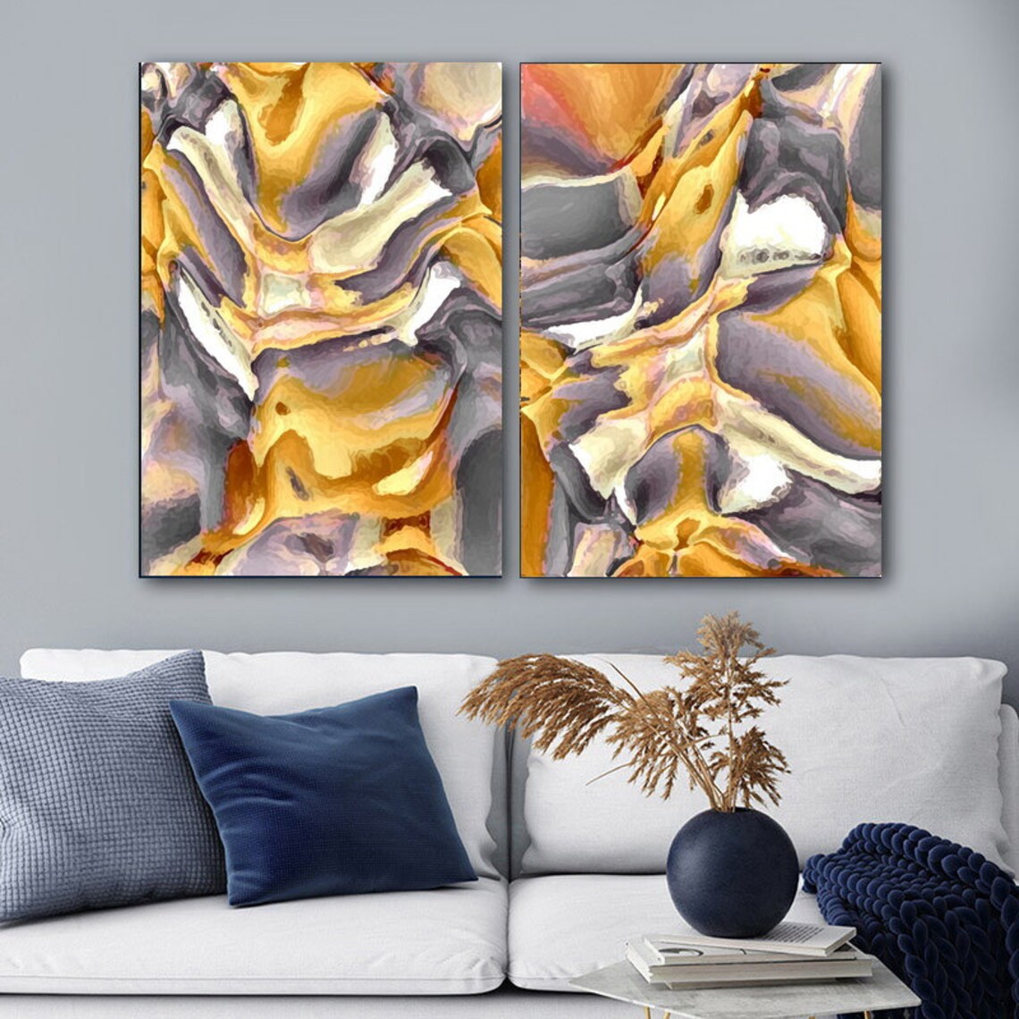 Yellow Gray Abstract Painting Set of 2 Canvas PRINTABLE Abstract Wall ...