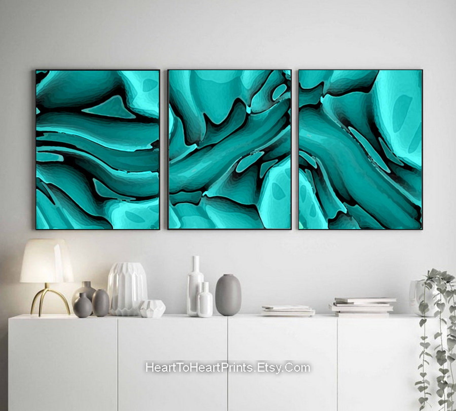 Green Abstract Wall Art Set of 3 Prints Emerald Teal Abstract Etsy