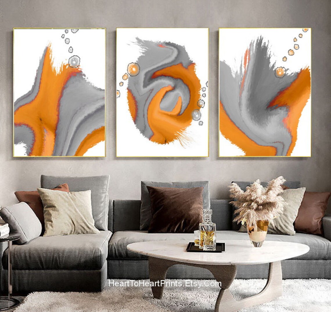 Orange Gray Abstract Painting Set of 3 Printable Wall Art - Etsy