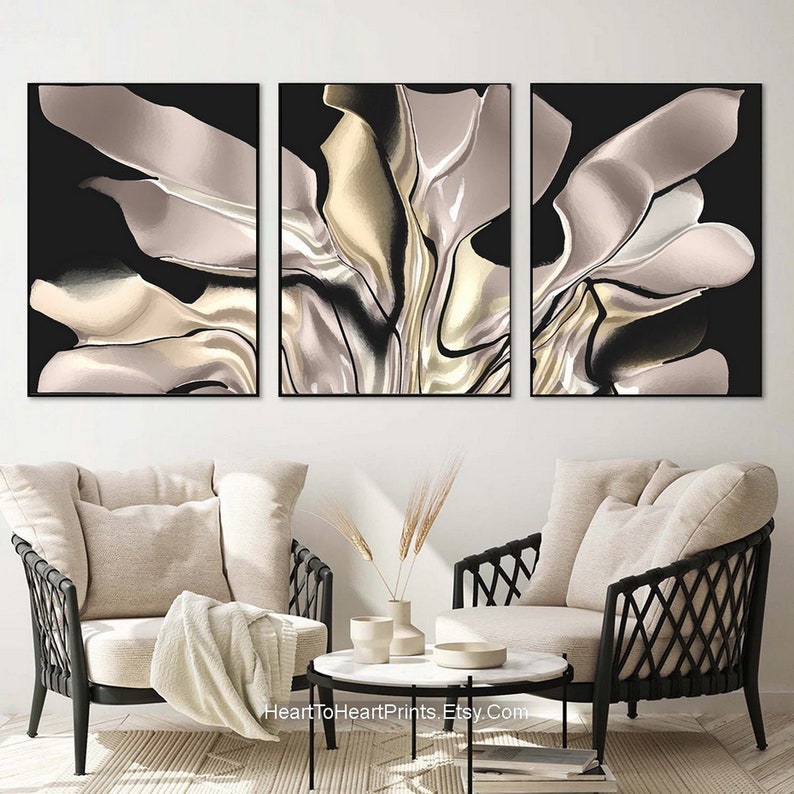 Black Beige Abstract Painting Set of 3 PRINTABLE Wall Art Minimalist ...