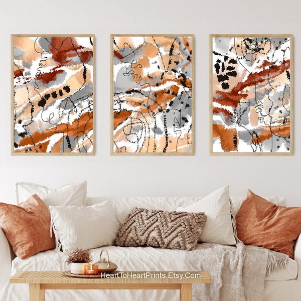Simple Abstract Gallery Wall Art Set of 3 Neutral Abstract Drawing PRINTABLE Art Orange Gray Black Contemporary DIGITAL Download Modern Art