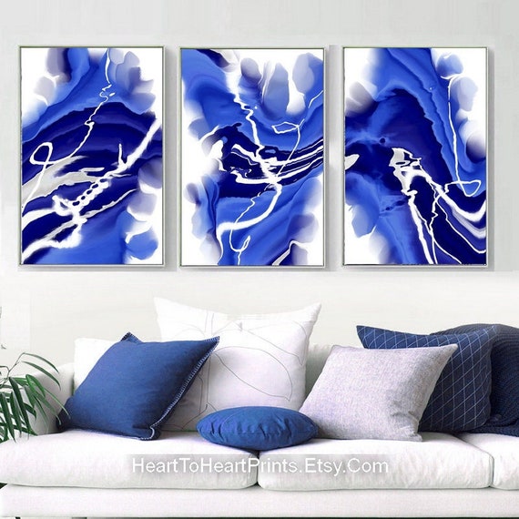 Blue Abstract Painting PRINTABLE Wall Art Set of 3 Minimal - Etsy