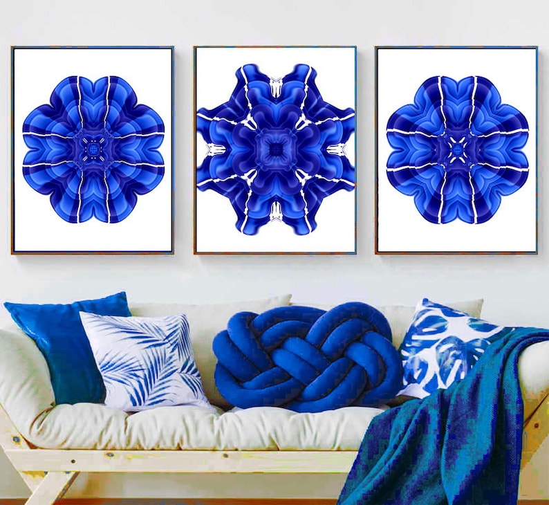 Royal Blue Wall Art Set of 3 Prints Blue Flower Printable Wall Art