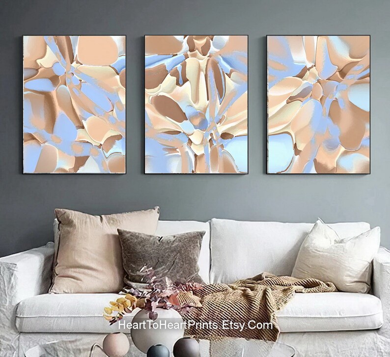 Blue Brown Abstract Wall Art Set of 3 Pastel Abstract Painting - Etsy