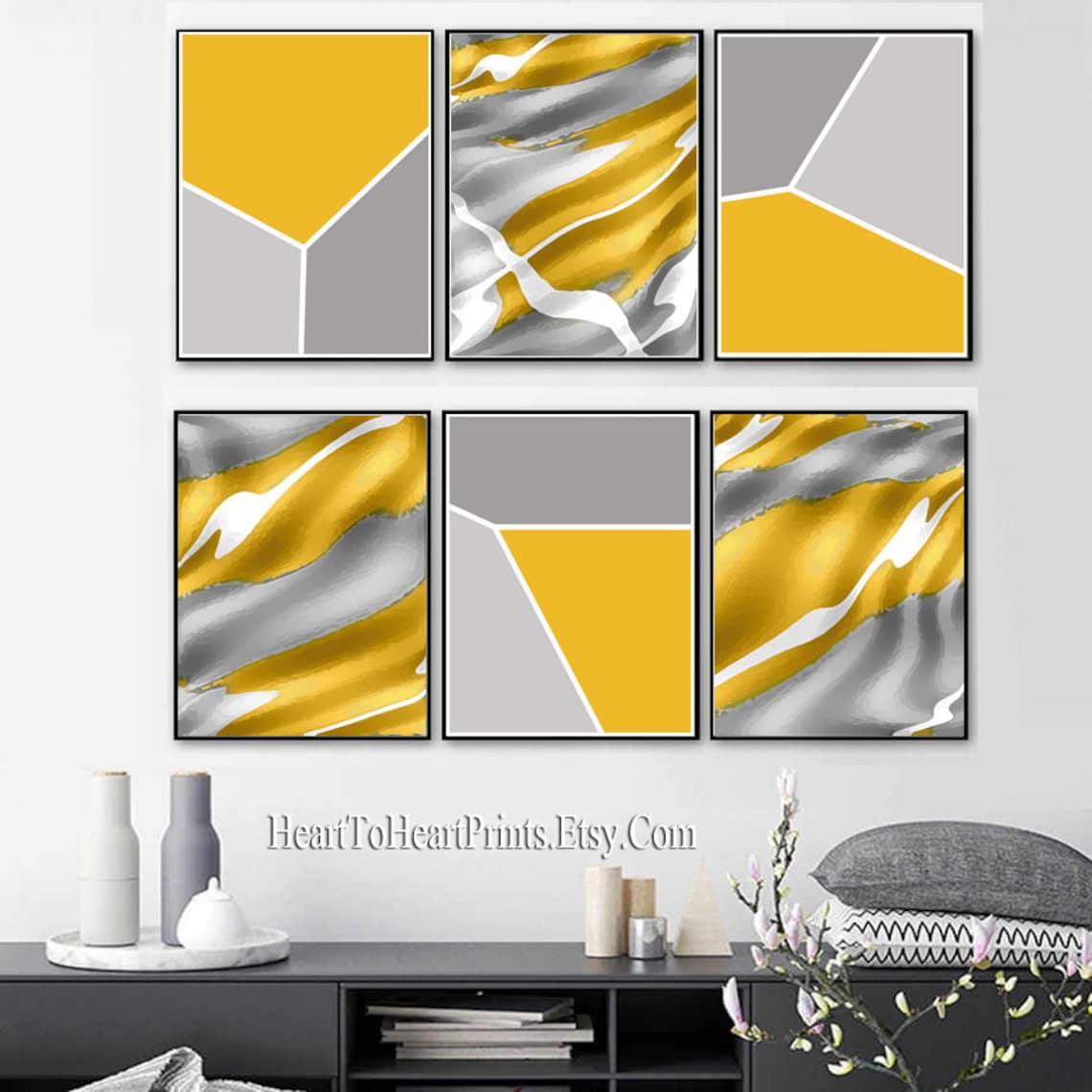 Abstract Wall Art Set of 6 Prints Mustard Yellow Gray Minimalist ...