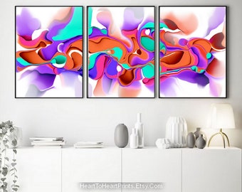 Colorful Canvas Prints Large Wall Art 24x36 inch Set of 3 Pink Purple Orange Teal Abstract Painting PRINTABLE Wall Art Colorful DIGITAL Art