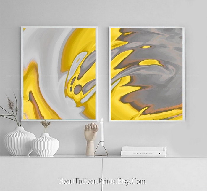 Minimalist Gray Yellow Wall Art Set of 2 Prints Abstract Etsy