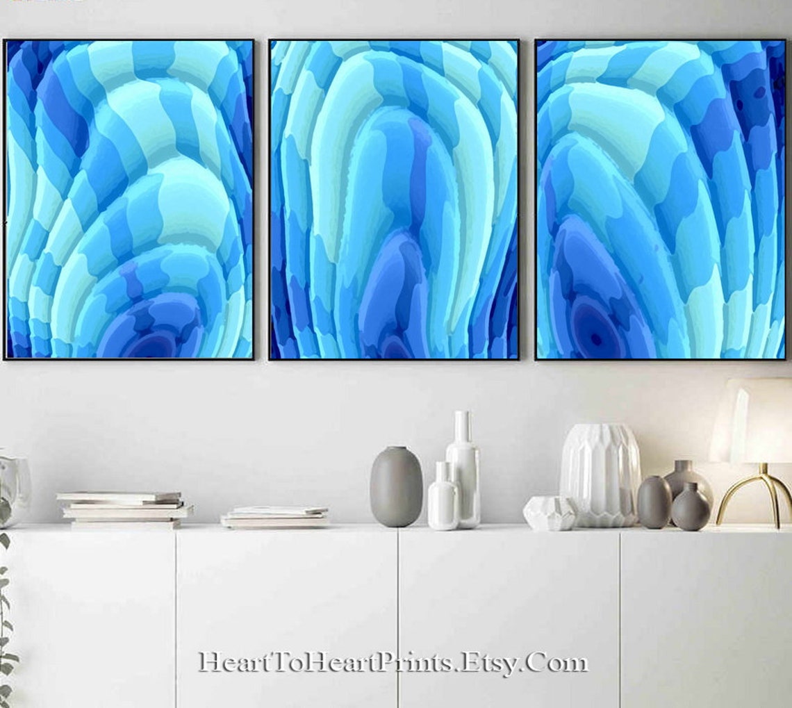 Aqua Blue Abstract Set of 3 Turquoise Teal Abstract Painting Etsy