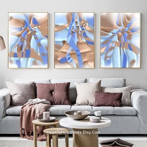 Blue Brown Abstract Wall Art Set of 3 Pastel Abstract Painting Canvas