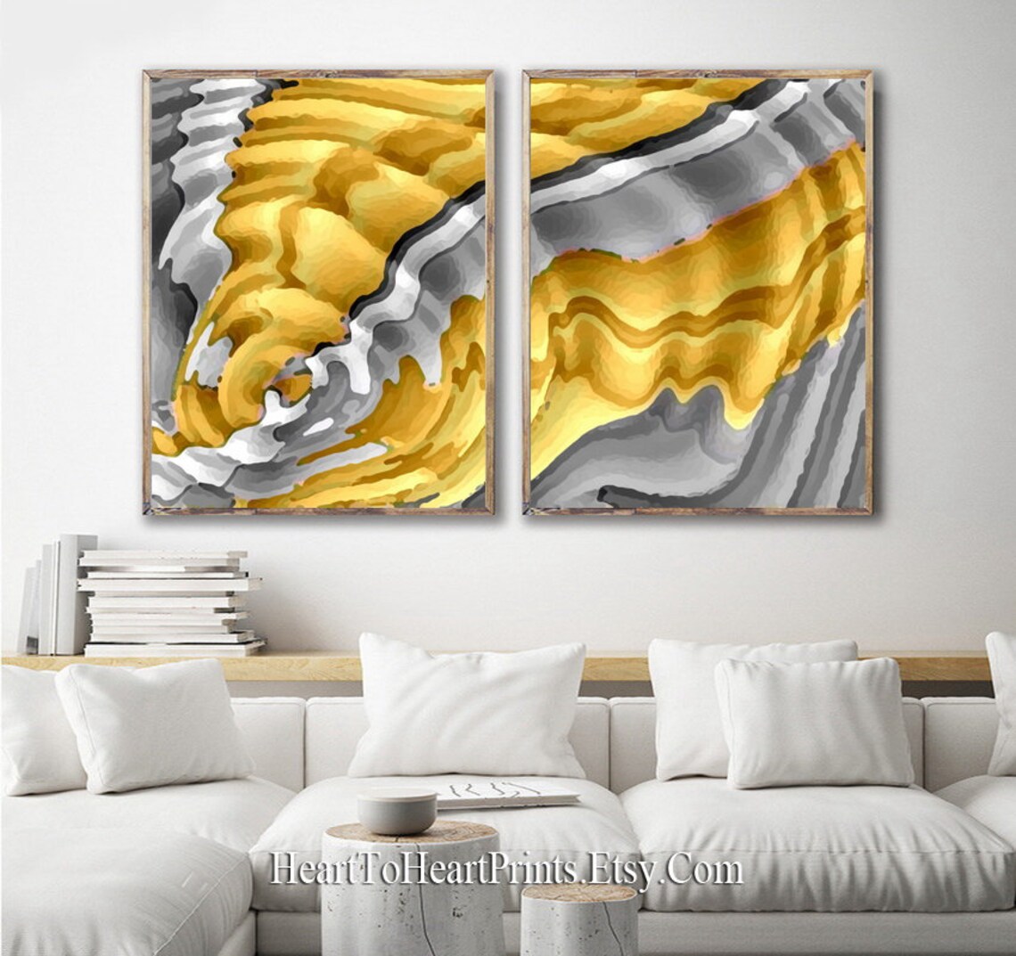 Mustard Yellow Gray Wall Art Set of 2 Prints Flowers Printable Etsy
