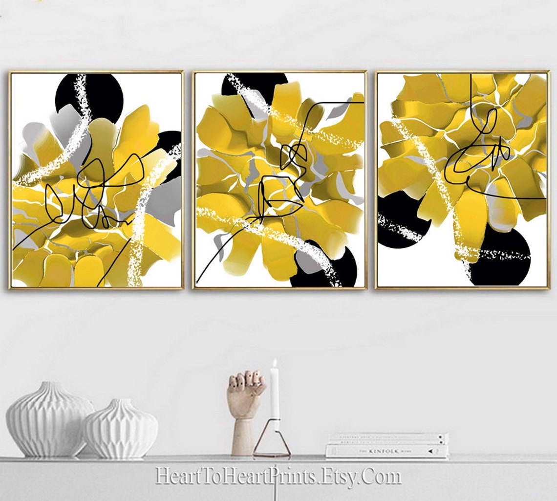 Yellow Gray Black Abstract Gallery Wall Art Set of 3 PRINTABLE - Etsy
