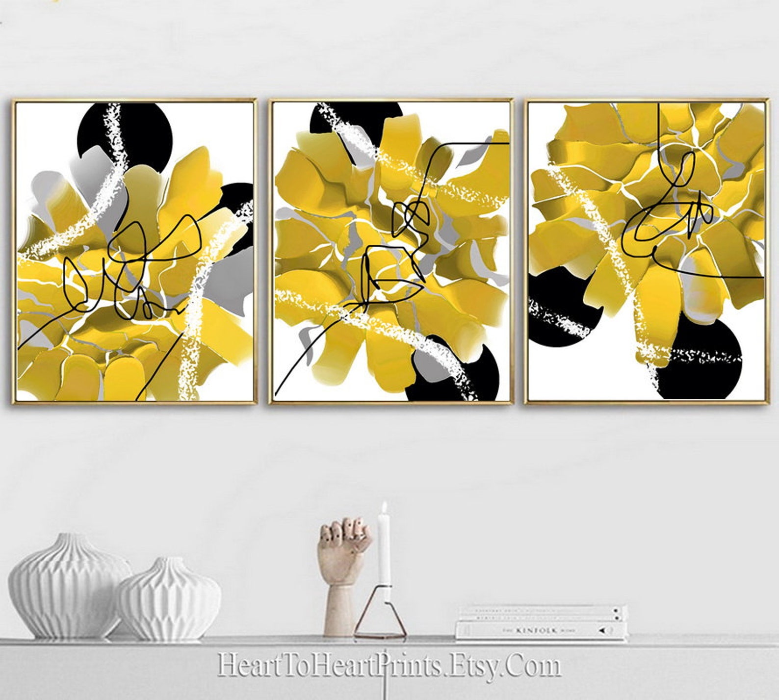 Yellow Gray Black Abstract Gallery Wall Art Set of 3 PRINTABLE Abstract ...